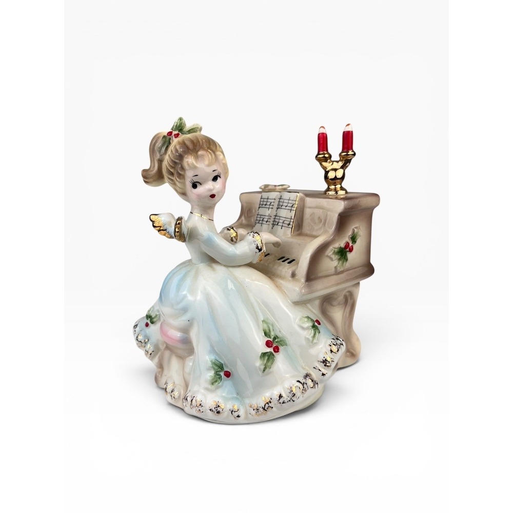 Josef Originals Christmas Angel Girl Playing Piano Music Box Silent Night Vtg